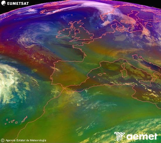 Composici�n RGB na que se mesturan varias canles do sat�lite Meteosat operacional en 0� N 0� W, que nos d� unha idea das caracter�sticas das masas de aire e da nebulosidade.&nbsp;m�rcores, 31 decembro  2025 03:00