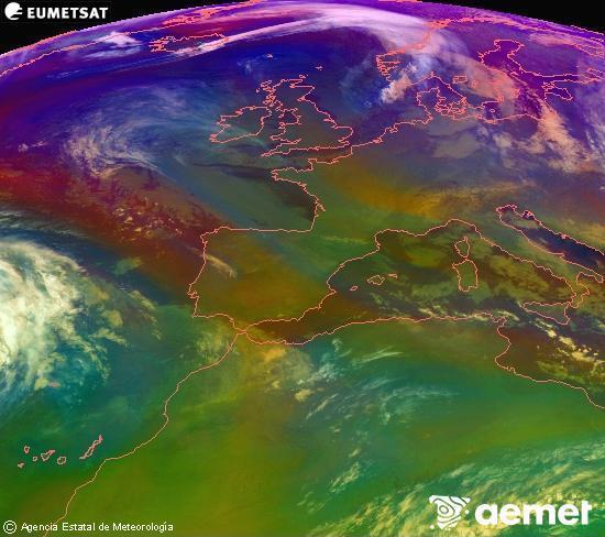 Composici�n RGB na que se mesturan varias canles do sat�lite Meteosat operacional en 0� N 0� W, que nos d� unha idea das caracter�sticas das masas de aire e da nebulosidade.&nbsp;m�rcores, 31 decembro  2025 04:00