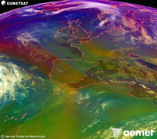 Composici�n RGB na que se mesturan varias canles do sat�lite Meteosat operacional en 0� N 0� W, que nos d� unha idea das caracter�sticas das masas de aire e da nebulosidade.&nbsp;m�rcores, 31 decembro  2025 05:00