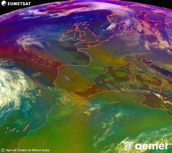 Composici�n RGB na que se mesturan varias canles do sat�lite Meteosat operacional en 0� N 0� W, que nos d� unha idea das caracter�sticas das masas de aire e da nebulosidade.&nbsp;m�rcores, 31 decembro  2025 06:00