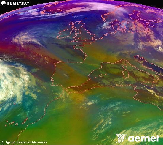 Composici�n RGB na que se mesturan varias canles do sat�lite Meteosat operacional en 0� N 0� W, que nos d� unha idea das caracter�sticas das masas de aire e da nebulosidade.&nbsp;m�rcores, 31 decembro  2025 07:00
