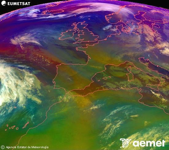 Composici�n RGB na que se mesturan varias canles do sat�lite Meteosat operacional en 0� N 0� W, que nos d� unha idea das caracter�sticas das masas de aire e da nebulosidade.&nbsp;m�rcores, 31 decembro  2025 08:00