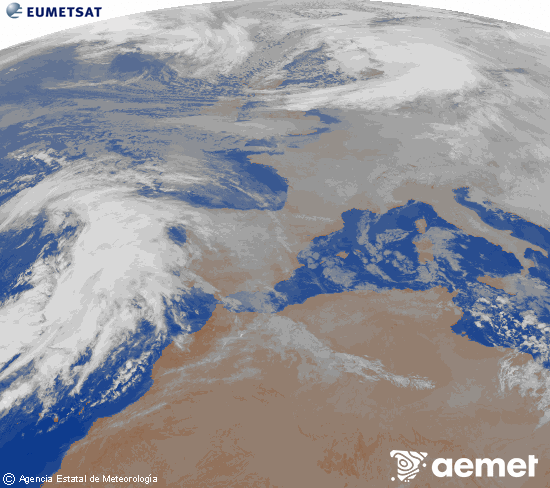 Imagen de la zona de Europa y Norte de �frica del canal infrarrojo del sat�lite Meteosat operacional en 0�N 0�W, procesada para darle color.&nbsp;jeudi, 1 janvier  2026 02:00