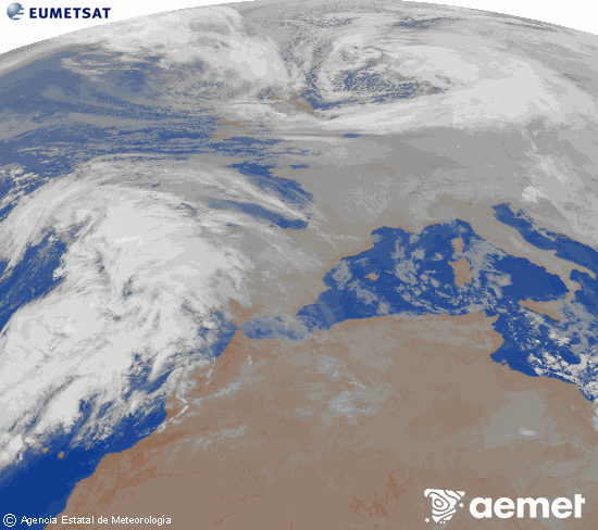 Imagen de la zona de Europa y Norte de �frica del canal infrarrojo del sat�lite Meteosat operacional en 0�N 0�W, procesada para darle color.&nbsp;jeudi, 1 janvier  2026 06:00