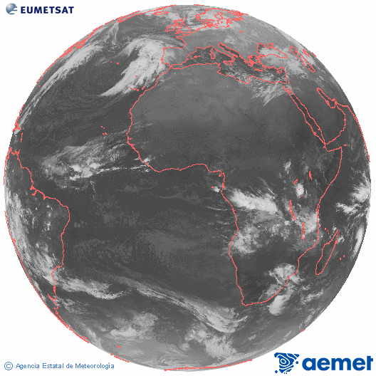Imaxe global da canle infravermella (10.8 &mu;m) do sat�lite  Meteosat, pertencente � serie MSX (Meteosat Segunda Xeraci�n) e situado en 0�N 0�E.&nbsp;xoves, 1 xaneiro  2026 07:00