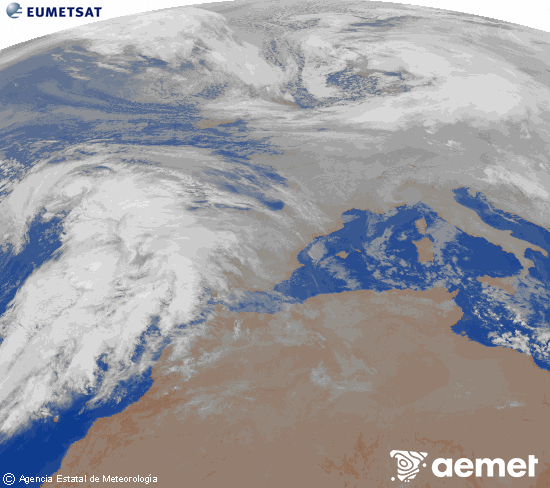 Imagen de la zona de Europa y Norte de �frica del canal infrarrojo del sat�lite Meteosat operacional en 0�N 0�W, procesada para darle color.&nbsp;jeudi, 1 janvier  2026 08:00