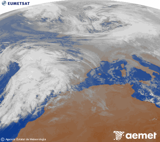 Imagen de la zona de Europa y Norte de �frica del canal infrarrojo del sat�lite Meteosat operacional en 0�N 0�W, procesada para darle color.&nbsp;jeudi, 1 janvier  2026 10:00