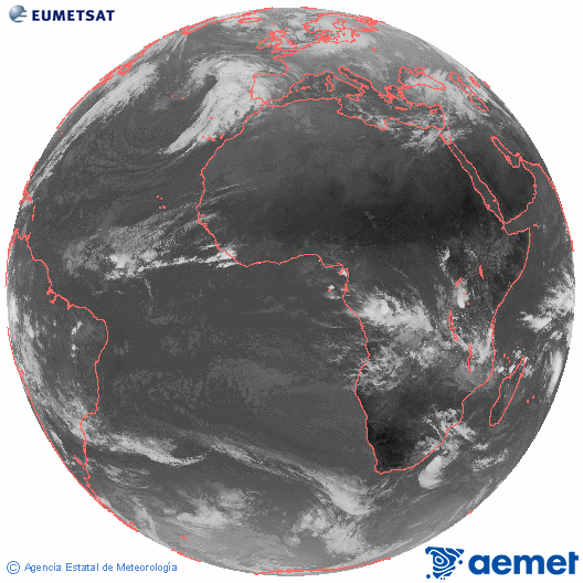 Imaxe global da canle infravermella (10.8 &mu;m) do sat�lite  Meteosat, pertencente � serie MSX (Meteosat Segunda Xeraci�n) e situado en 0�N 0�E.&nbsp;xoves, 1 xaneiro  2026 10:00