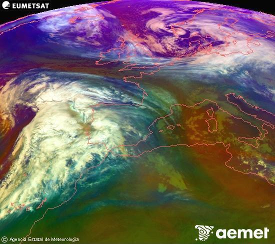 RGB composition where several channels of satellite Meteosat operational in 0� N 0� W are mixed, providing air mass and cloudiness features.&nbsp;Thursday, 1 January  2026 11:00