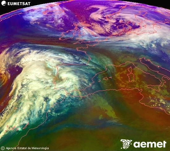 RGB composition where several channels of satellite Meteosat operational in 0� N 0� W are mixed, providing air mass and cloudiness features.&nbsp;Thursday, 1 January  2026 12:00
