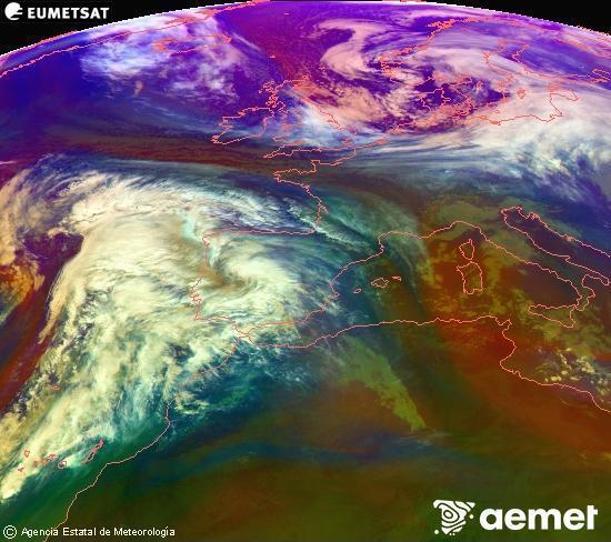 RGB composition where several channels of satellite Meteosat operational in 0� N 0� W are mixed, providing air mass and cloudiness features.&nbsp;Thursday, 1 January  2026 13:00