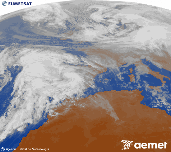 Imagen de la zona de Europa y Norte de �frica del canal infrarrojo del sat�lite Meteosat operacional en 0�N 0�W, procesada para darle color.&nbsp;jeudi, 1 janvier  2026 13:00