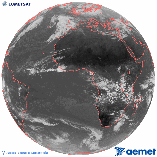 Imaxe global da canle infravermella (10.8 &mu;m) do sat�lite  Meteosat, pertencente � serie MSX (Meteosat Segunda Xeraci�n) e situado en 0�N 0�E.&nbsp;xoves, 1 xaneiro  2026 13:00