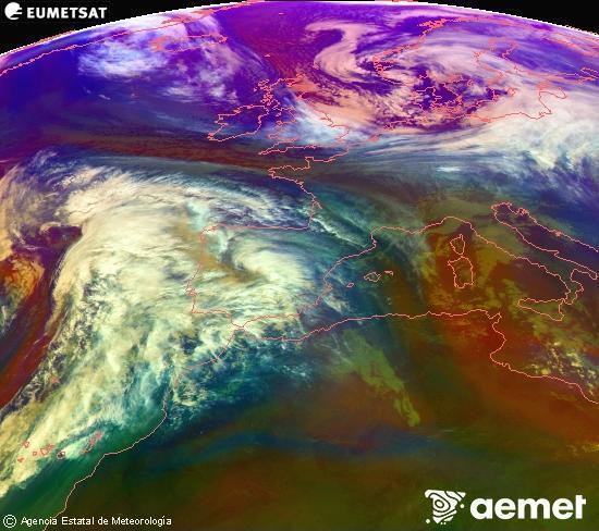 RGB composition where several channels of satellite Meteosat operational in 0� N 0� W are mixed, providing air mass and cloudiness features.&nbsp;Thursday, 1 January  2026 14:00