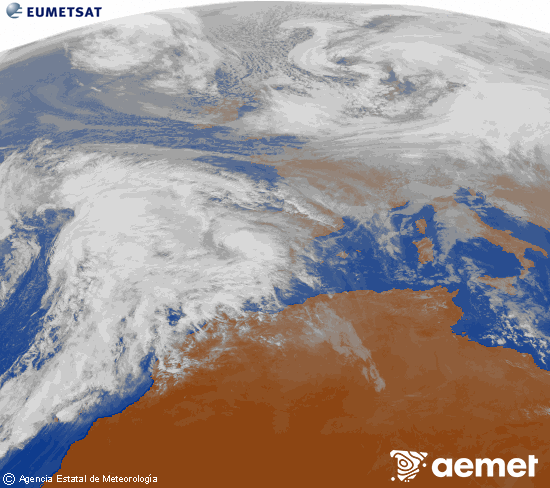 Imagen de la zona de Europa y Norte de �frica del canal infrarrojo del sat�lite Meteosat operacional en 0�N 0�W, procesada para darle color.&nbsp;jeudi, 1 janvier  2026 14:00
