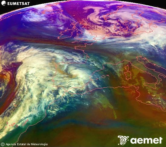 RGB composition where several channels of satellite Meteosat operational in 0� N 0� W are mixed, providing air mass and cloudiness features.&nbsp;Thursday, 1 January  2026 15:00