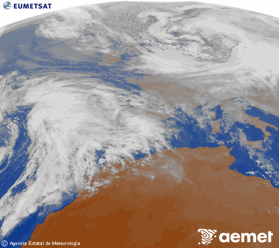 Imagen de la zona de Europa y Norte de �frica del canal infrarrojo del sat�lite Meteosat operacional en 0�N 0�W, procesada para darle color.&nbsp;jeudi, 1 janvier  2026 16:00