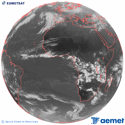 Imaxe global da canle infravermella (10.8 &mu;m) do sat�lite  Meteosat, pertencente � serie MSX (Meteosat Segunda Xeraci�n) e situado en 0�N 0�E.&nbsp;xoves, 1 xaneiro  2026 16:00