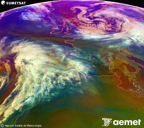 RGB composition where several channels of satellite Meteosat operational in 0� N 0� W are mixed, providing air mass and cloudiness features.&nbsp;Thursday, 1 January  2026 17:00