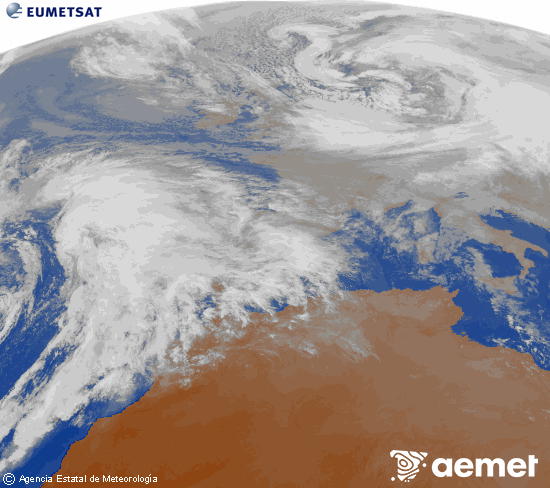 Imagen de la zona de Europa y Norte de �frica del canal infrarrojo del sat�lite Meteosat operacional en 0�N 0�W, procesada para darle color.&nbsp;jeudi, 1 janvier  2026 17:00