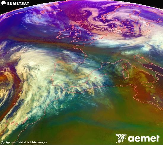 RGB composition where several channels of satellite Meteosat operational in 0� N 0� W are mixed, providing air mass and cloudiness features.&nbsp;Thursday, 1 January  2026 18:00