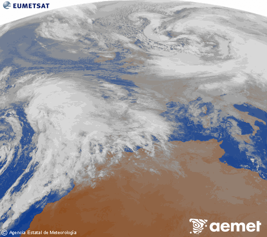 Imagen de la zona de Europa y Norte de �frica del canal infrarrojo del sat�lite Meteosat operacional en 0�N 0�W, procesada para darle color.&nbsp;jeudi, 1 janvier  2026 18:00