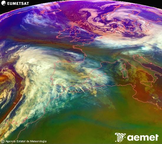 RGB composition where several channels of satellite Meteosat operational in 0� N 0� W are mixed, providing air mass and cloudiness features.&nbsp;Thursday, 1 January  2026 19:00