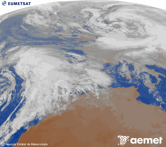Imagen de la zona de Europa y Norte de �frica del canal infrarrojo del sat�lite Meteosat operacional en 0�N 0�W, procesada para darle color.&nbsp;jeudi, 1 janvier  2026 19:00