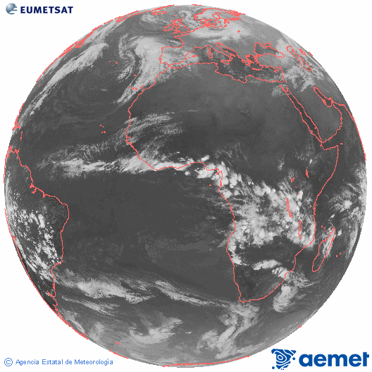 Imaxe global da canle infravermella (10.8 &mu;m) do sat�lite  Meteosat, pertencente � serie MSX (Meteosat Segunda Xeraci�n) e situado en 0�N 0�E.&nbsp;xoves, 1 xaneiro  2026 19:00