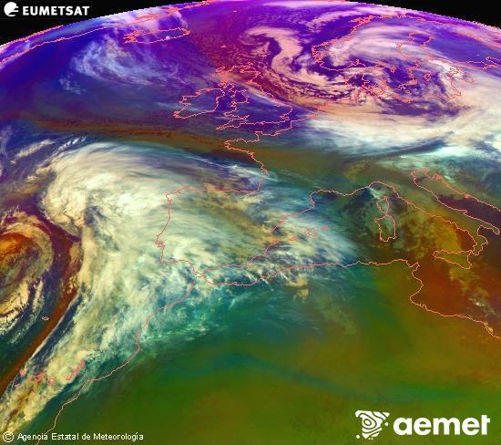 RGB composition where several channels of satellite Meteosat operational in 0� N 0� W are mixed, providing air mass and cloudiness features.&nbsp;Thursday, 1 January  2026 20:00