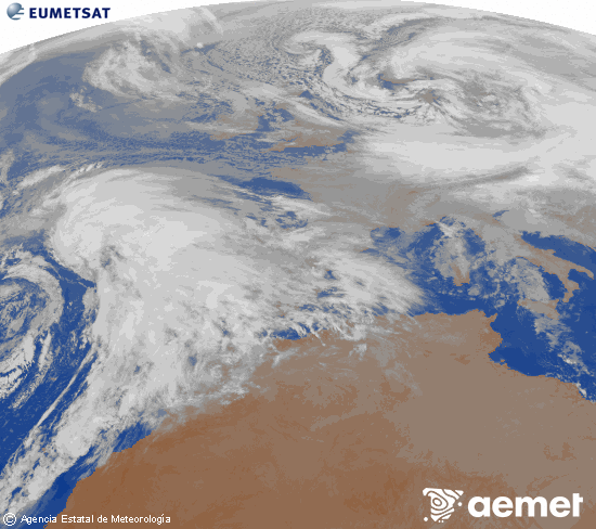 Imagen de la zona de Europa y Norte de �frica del canal infrarrojo del sat�lite Meteosat operacional en 0�N 0�W, procesada para darle color.&nbsp;jeudi, 1 janvier  2026 20:00