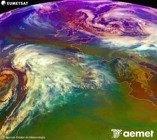 RGB composition where several channels of satellite Meteosat operational in 0� N 0� W are mixed, providing air mass and cloudiness features.&nbsp;Thursday, 1 January  2026 21:00