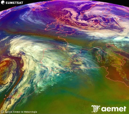 RGB composition where several channels of satellite Meteosat operational in 0� N 0� W are mixed, providing air mass and cloudiness features.&nbsp;Thursday, 1 January  2026 22:00