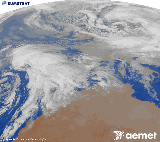 Imagen de la zona de Europa y Norte de �frica del canal infrarrojo del sat�lite Meteosat operacional en 0�N 0�W, procesada para darle color.&nbsp;jeudi, 1 janvier  2026 22:00