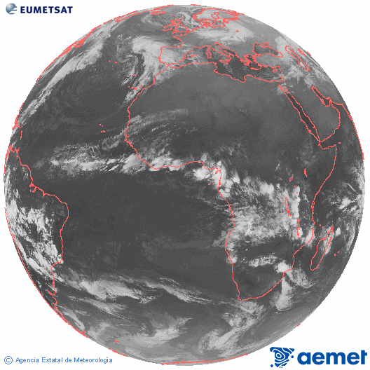 Imaxe global da canle infravermella (10.8 &mu;m) do sat�lite  Meteosat, pertencente � serie MSX (Meteosat Segunda Xeraci�n) e situado en 0�N 0�E.&nbsp;xoves, 1 xaneiro  2026 22:00