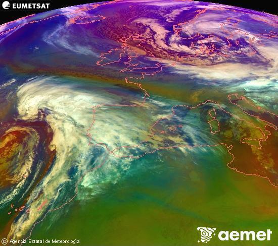 RGB composition where several channels of satellite Meteosat operational in 0� N 0� W are mixed, providing air mass and cloudiness features.&nbsp;Thursday, 1 January  2026 23:00