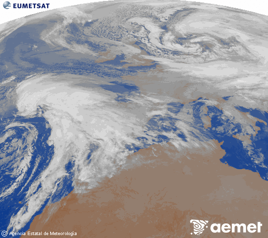 Imagen de la zona de Europa y Norte de �frica del canal infrarrojo del sat�lite Meteosat operacional en 0�N 0�W, procesada para darle color.&nbsp;jeudi, 1 janvier  2026 23:00