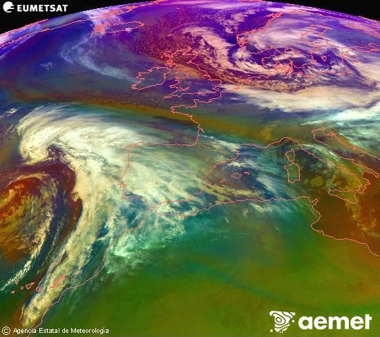 RGB composition where several channels of satellite Meteosat operational in 0� N 0� W are mixed, providing air mass and cloudiness features.&nbsp;Friday, 2 January  2026 00:00