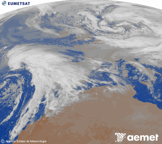 Imagen de la zona de Europa y Norte de �frica del canal infrarrojo del sat�lite Meteosat operacional en 0�N 0�W, procesada para darle color.&nbsp;vendredi, 2 janvier  2026 00:00