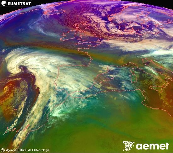 RGB composition where several channels of satellite Meteosat operational in 0� N 0� W are mixed, providing air mass and cloudiness features.&nbsp;Friday, 2 January  2026 01:00