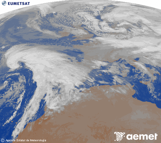 Imagen de la zona de Europa y Norte de �frica del canal infrarrojo del sat�lite Meteosat operacional en 0�N 0�W, procesada para darle color.&nbsp;vendredi, 2 janvier  2026 01:00