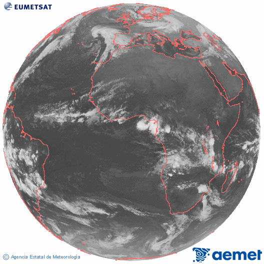 Imaxe global da canle infravermella (10.8 &mu;m) do sat�lite  Meteosat, pertencente � serie MSX (Meteosat Segunda Xeraci�n) e situado en 0�N 0�E.&nbsp;venres, 2 xaneiro  2026 01:00