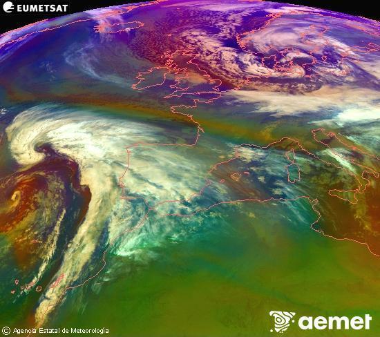 RGB composition where several channels of satellite Meteosat operational in 0� N 0� W are mixed, providing air mass and cloudiness features.&nbsp;Friday, 2 January  2026 02:00