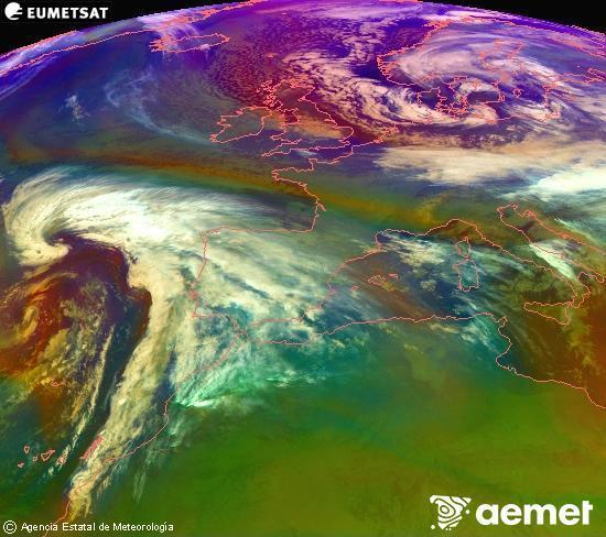 RGB composition where several channels of satellite Meteosat operational in 0� N 0� W are mixed, providing air mass and cloudiness features.&nbsp;Friday, 2 January  2026 03:00
