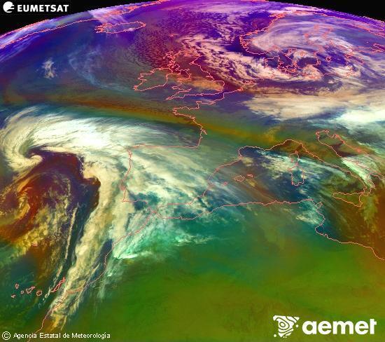 RGB composition where several channels of satellite Meteosat operational in 0� N 0� W are mixed, providing air mass and cloudiness features.&nbsp;Friday, 2 January  2026 04:00