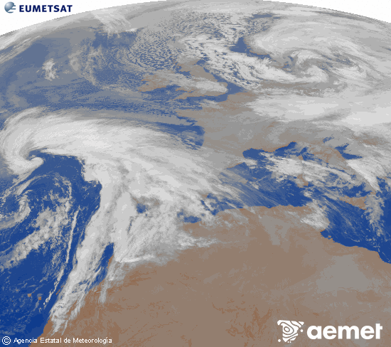 Imagen de la zona de Europa y Norte de �frica del canal infrarrojo del sat�lite Meteosat operacional en 0�N 0�W, procesada para darle color.&nbsp;divendres, 2 de gener  2026 04:00