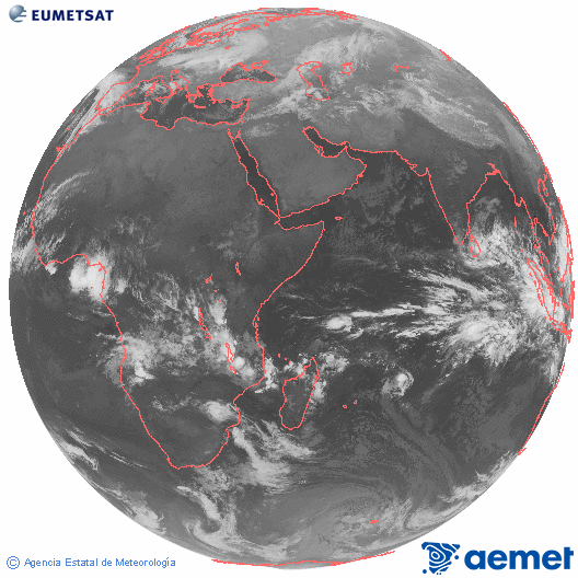 Oc�ano �ndico. Imaxe global da canle infravermella (10.8&mu;m) de Meteosat, pertencente � serie MSX (Meteosat Segunda Xeraci�n) e situado en 41.5°E.&nbsp;venres, 2 xaneiro  2026 04:00