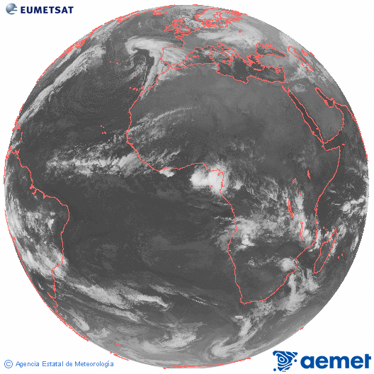 Imaxe global da canle infravermella (10.8 &mu;m) do sat�lite  Meteosat, pertencente � serie MSX (Meteosat Segunda Xeraci�n) e situado en 0�N 0�E.&nbsp;venres, 2 xaneiro  2026 04:00