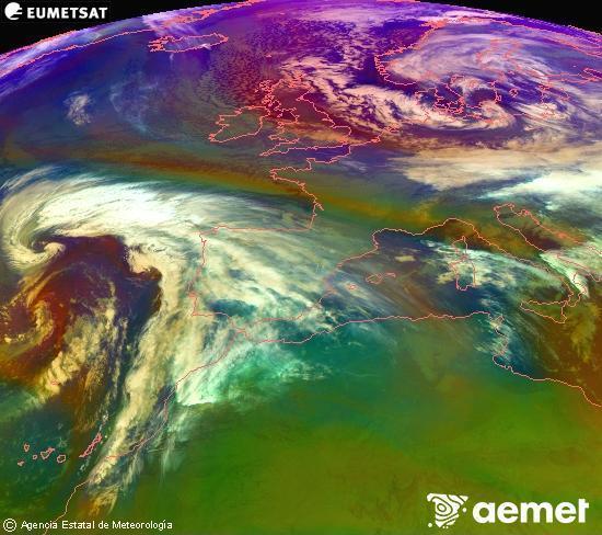 RGB composition where several channels of satellite Meteosat operational in 0� N 0� W are mixed, providing air mass and cloudiness features.&nbsp;Friday, 2 January  2026 05:00