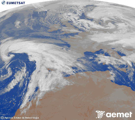 Imagen de la zona de Europa y Norte de �frica del canal infrarrojo del sat�lite Meteosat operacional en 0�N 0�W, procesada para darle color.&nbsp;divendres, 2 de gener  2026 05:00